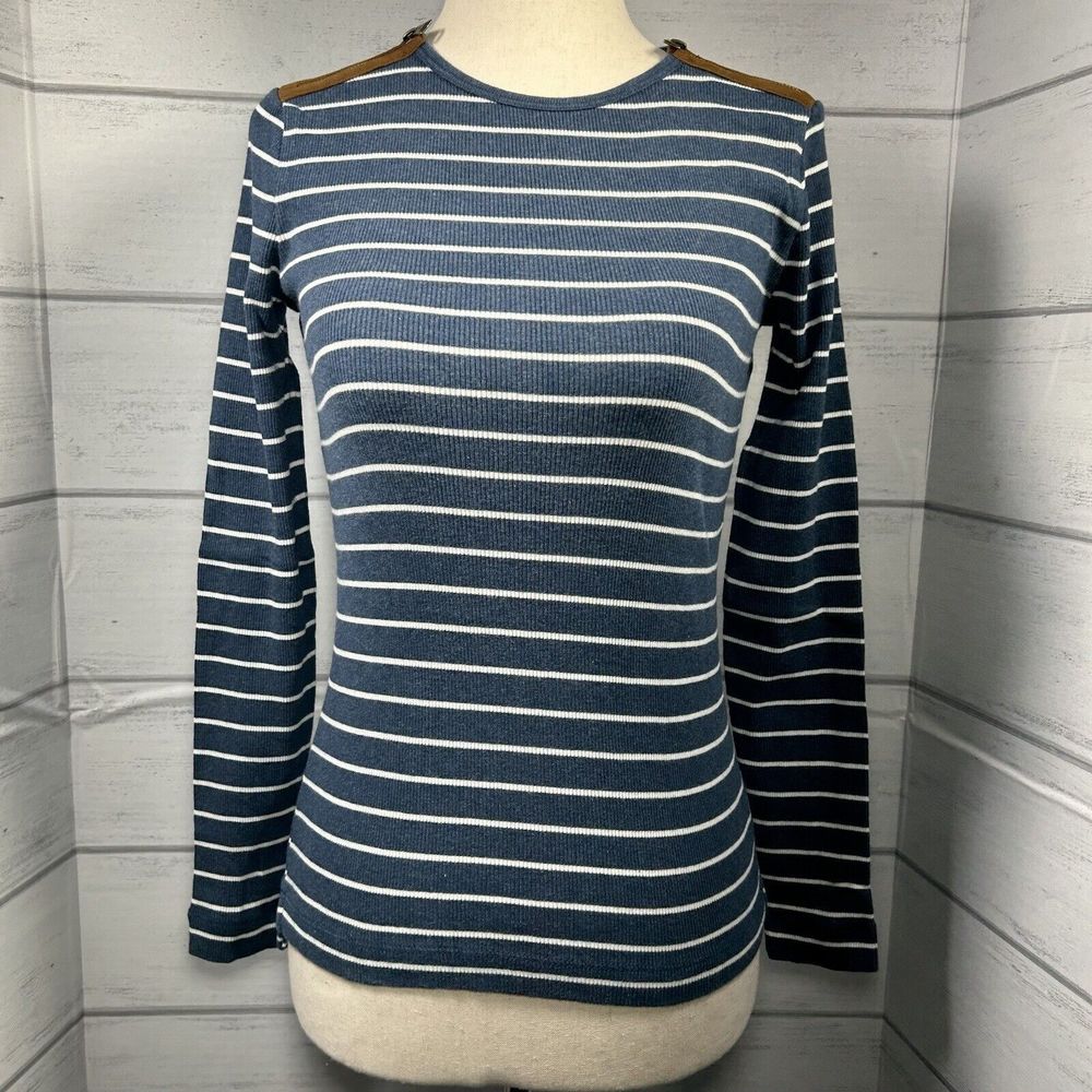 Lauren Ralph Lauren Women's Ribbed Knit Striped Pullover Top Long Sleeve Blue XS